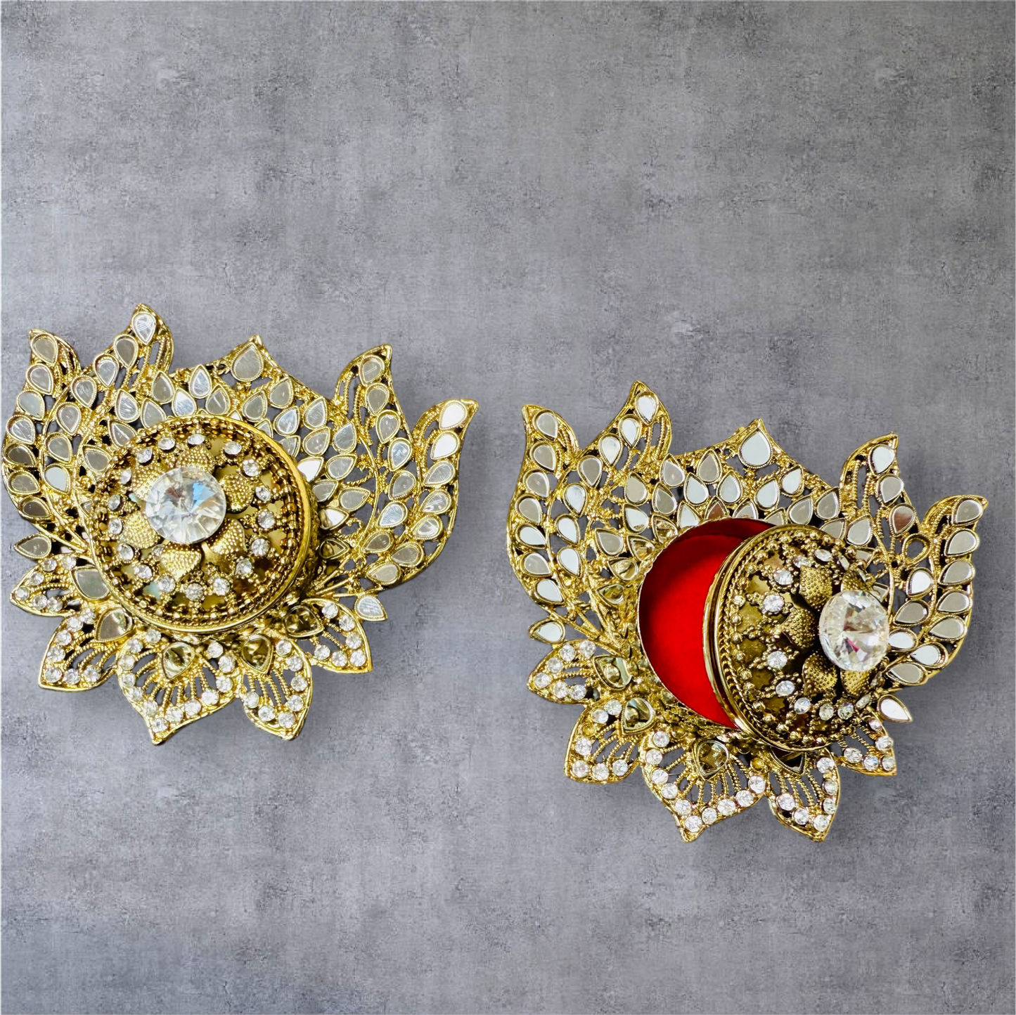 Handmade Designer Lotus Shaped Kundan Dibbies/Sindoor Daani/Trinket Box - Set of 3