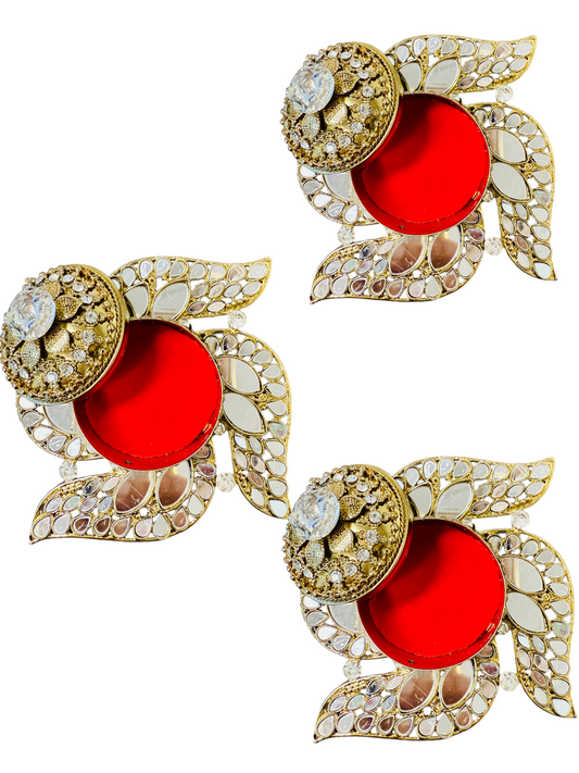Handmade Designer Swastik Shaped Kundan Dibbies/Sindoor Daani/Trinket Box - Set of 3
