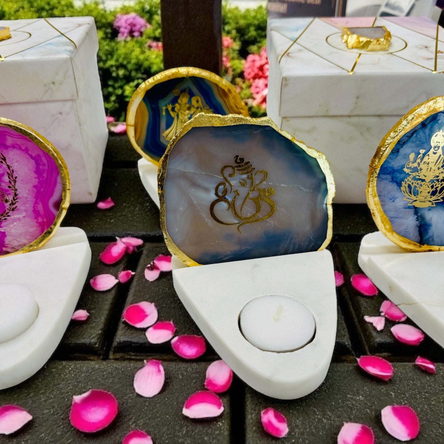 Ganesh Ji Agate with Marble T Light Holder - Ganpati Gift/ Ganesha Puja Gift