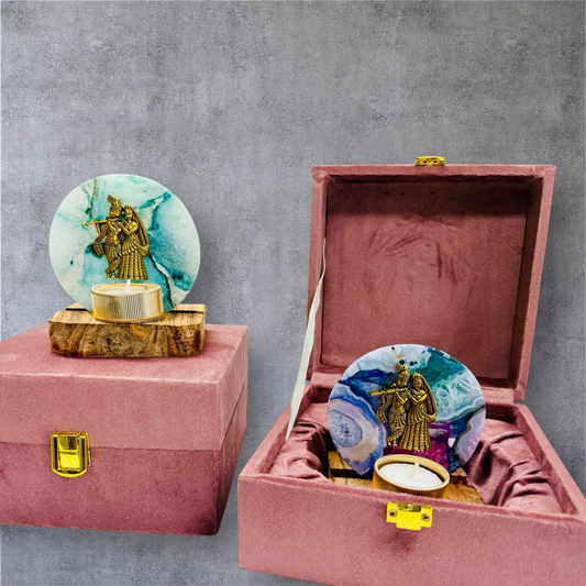 Radha Krishna on Agate T-light Holder in Velvet Gift Box - Premium Gift for Housewarming/ Hostess Gift/ Janmashtami Gift