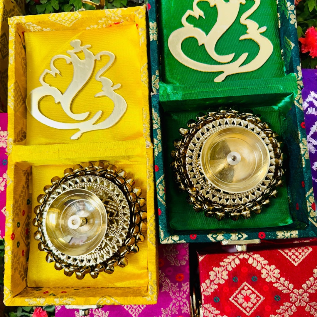 Brass Akhand Diya's with Ghungroo Base in MDF Gift Box & Ganesha Cutout