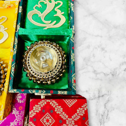 Brass Akhand Diya's with Ghungroo Base in MDF Gift Box & Ganesha Cutout