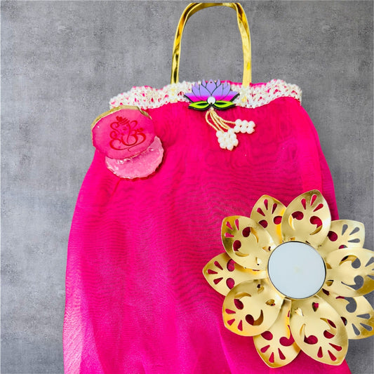 Gift Combo - Metal Lotus Diya with Resin Ganesha in Tissue Gift Bag