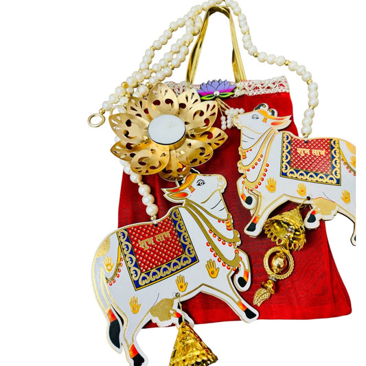 Gift Combo - Pearl & Pichwai Lari Shubh Labh & Metal Lotus Diya in Tissue Fabric Bag