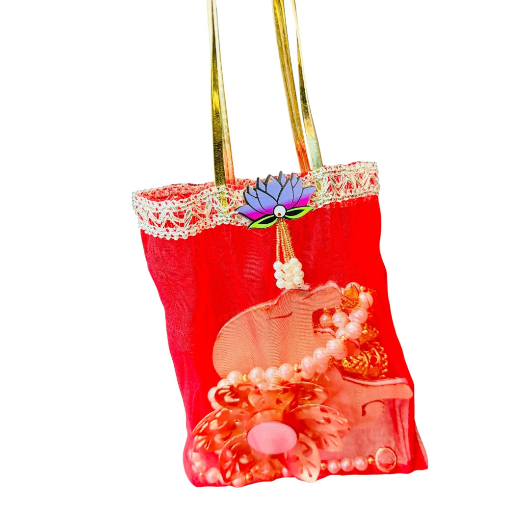 Gift Combo - Pearl & Pichwai Lari Shubh Labh & Metal Lotus Diya in Tissue Fabric Bag