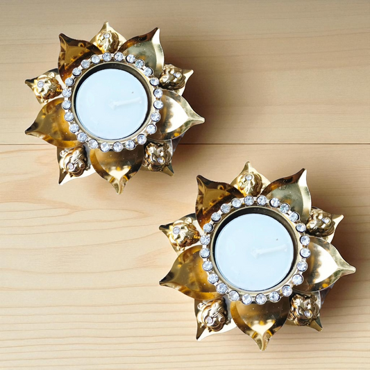 Metal Lotus Diya/T- Light. Holders with Ganesha Set of 2 - Beautiful Return Gifts for Any Occasion - Diwali Gifts