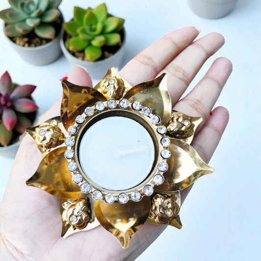 Metal Lotus Diya/T- Light. Holders with Ganesha Set of 2 - Beautiful Return Gifts for Any Occasion - Diwali Gifts