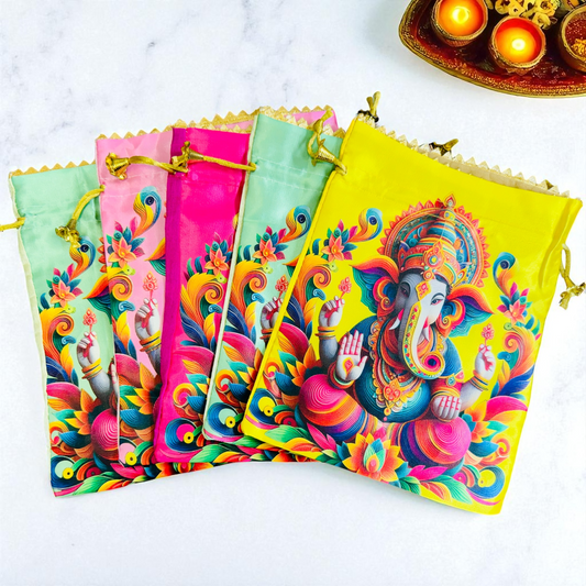 Ganesha Print Silk Potli Bags, Set of 5, 9 X 7 Inches For Ganpati Festival