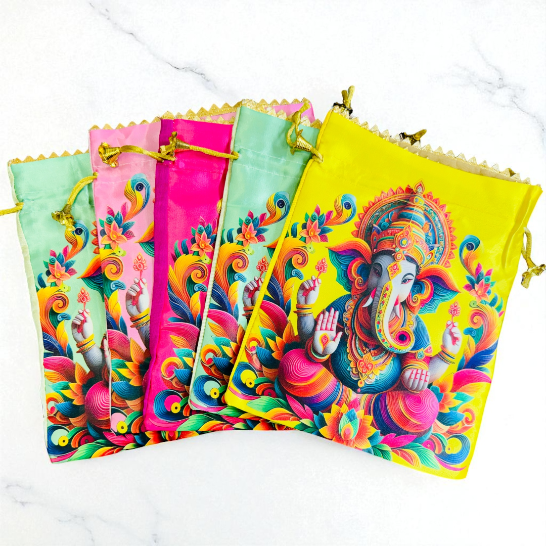 Ganesha Print Silk Potli Bags, Set of 5, 9 X 7 Inches For Ganpati Festival