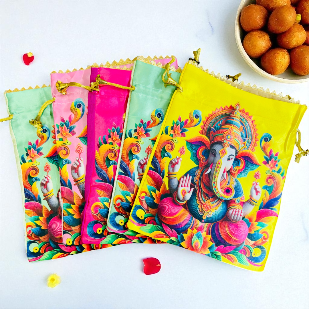 Ganesha Print Silk Potli Bags, Set of 5, 9 X 7 Inches For Ganpati Festival