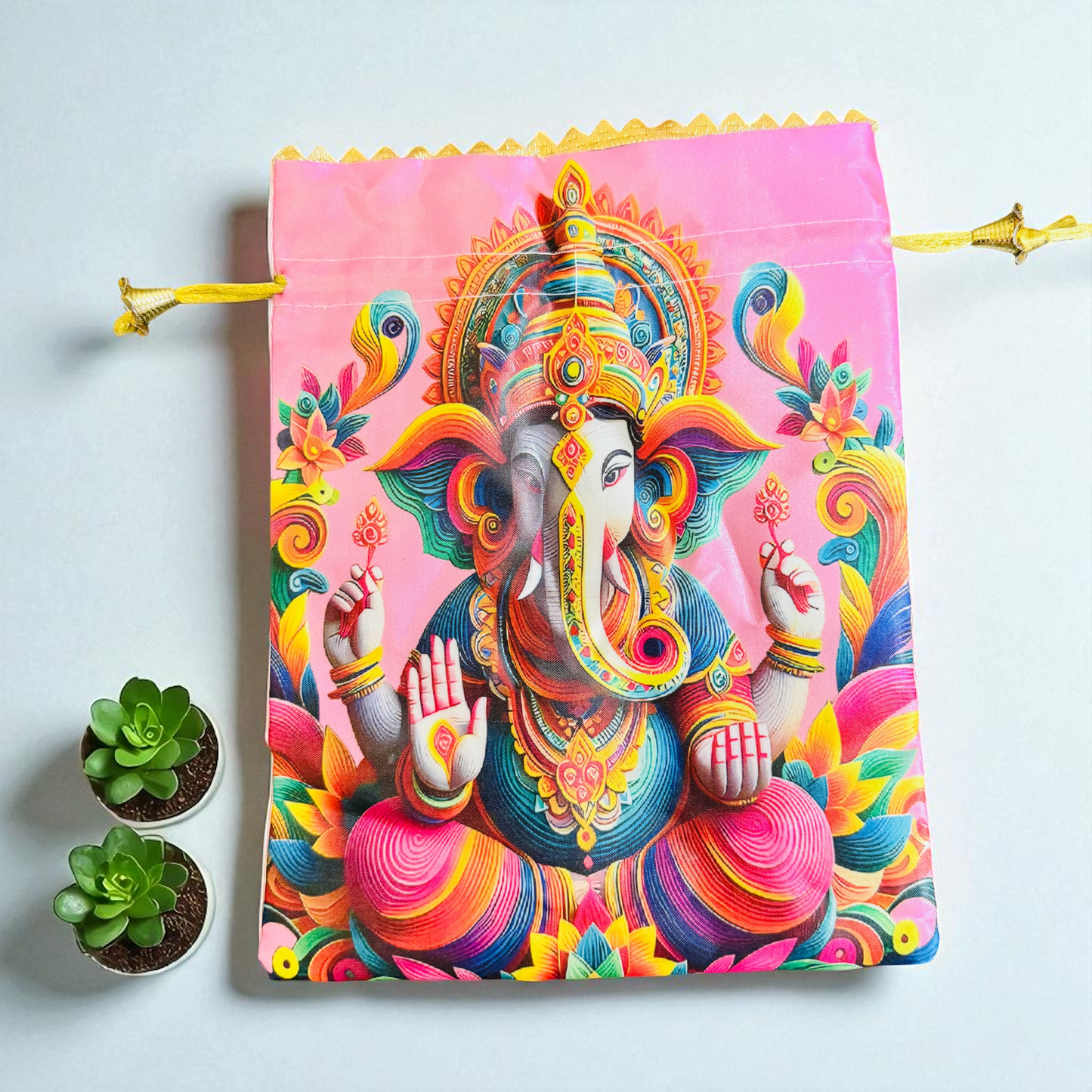 Ganesha Print Silk Potli Bags, Set of 5, 9 X 7 Inches For Ganpati Festival