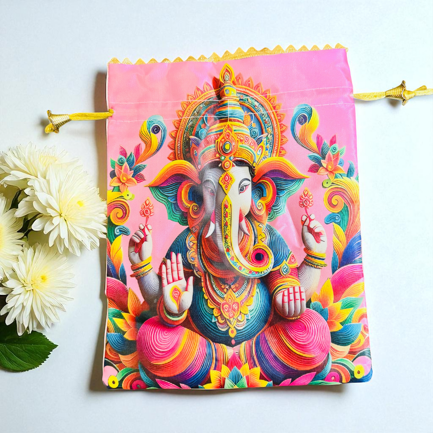 Ganesha Print Silk Potli Bags, Set of 5, 9 X 7 Inches For Ganpati Festival