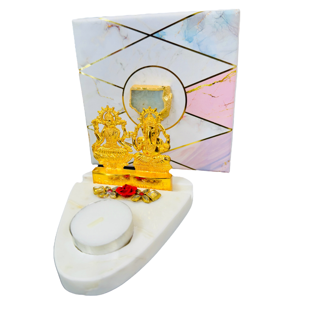 Marble T-Light Holder with Metal Laxmi Ganesh in Luxurious Gift Box
