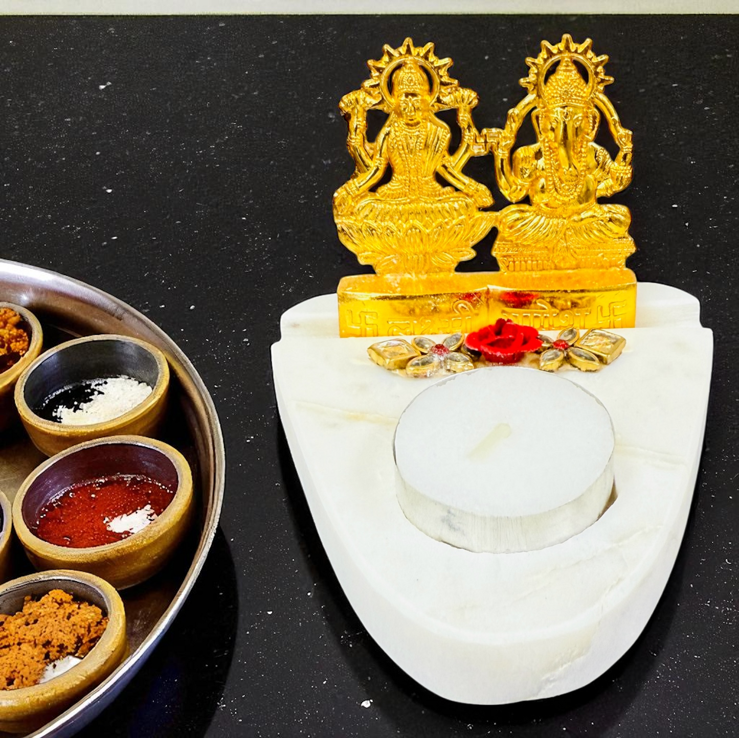 Marble T-Light Holder with Metal Laxmi Ganesh in Luxurious Gift Box