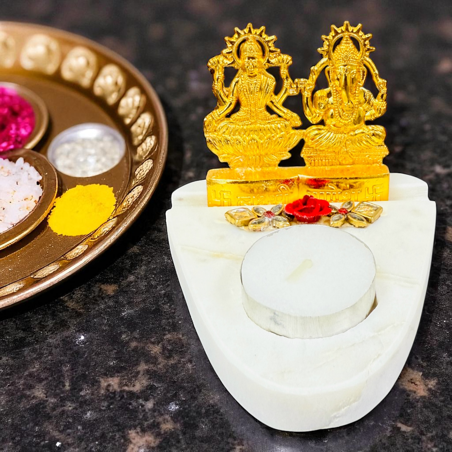 Marble T-Light Holder with Metal Laxmi Ganesh in Luxurious Gift Box