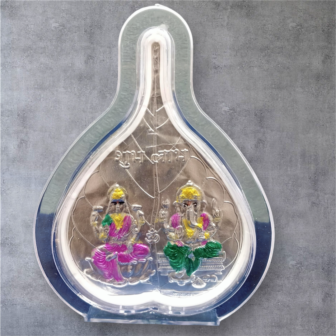 999 Pure Silver Betel Leaf or Paan Frame with Colored Laxmi Ganesha Design - Set of 5