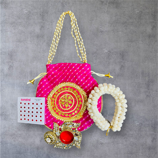 Karwachauth Gift Combo - Reusable Gajra, Sindoor Dibbi, Bindi & Gota Potli