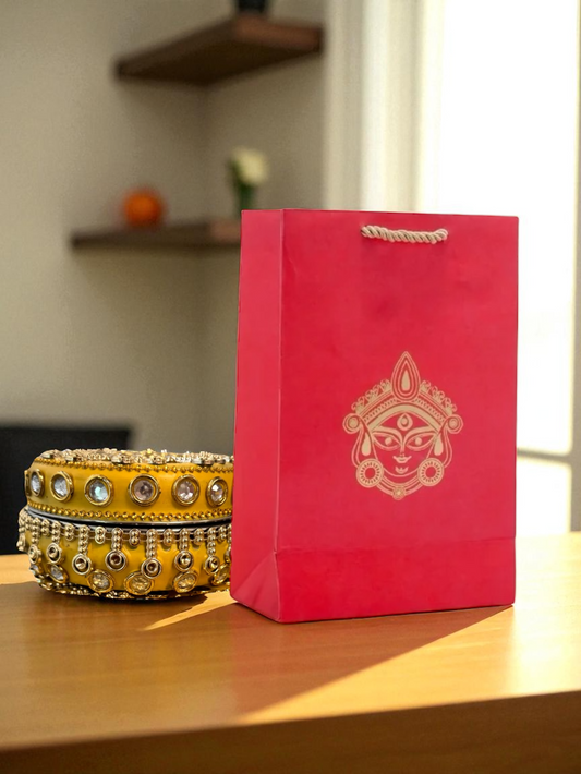 Ready to give Combo includes Stone Studded Stainless Steel Matki Box with Durga Gift Bag for Golu, Karwa Chauth, Navratri, Diwali Party, Indian Festivals