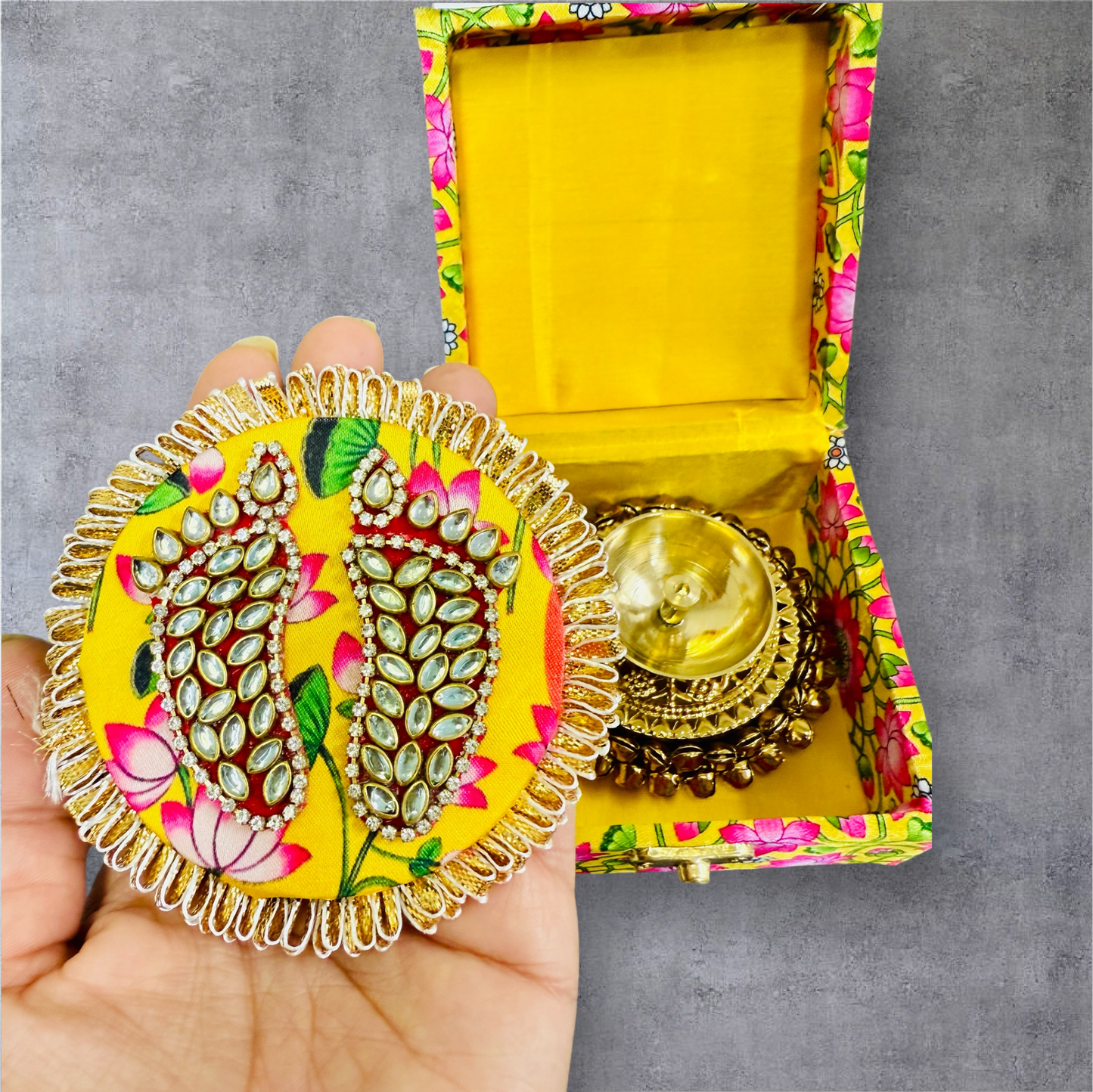 Ghungroo Akhand Diya & Laxmi Charan in Lotus Print Gift Box
