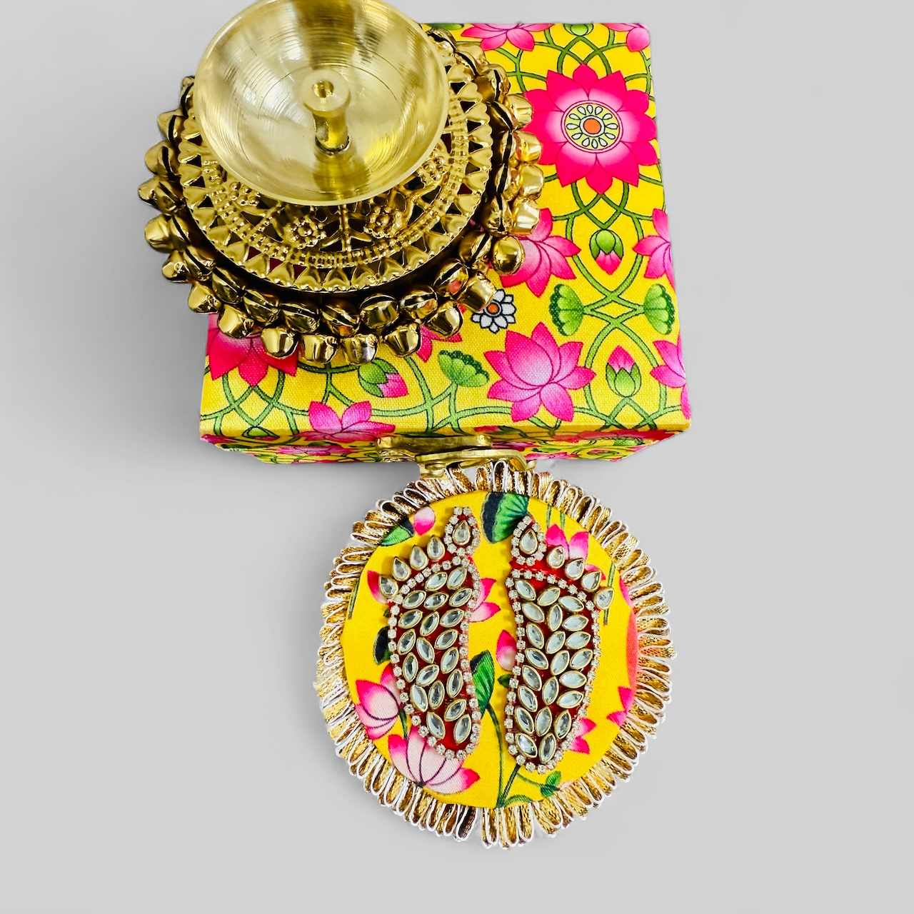 Ghungroo Akhand Diya & Laxmi Charan in Lotus Print Gift Box