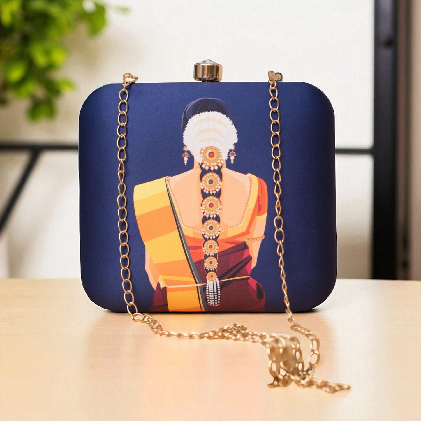 Lady in Saree with Traditional Hairdo Printed Clutch