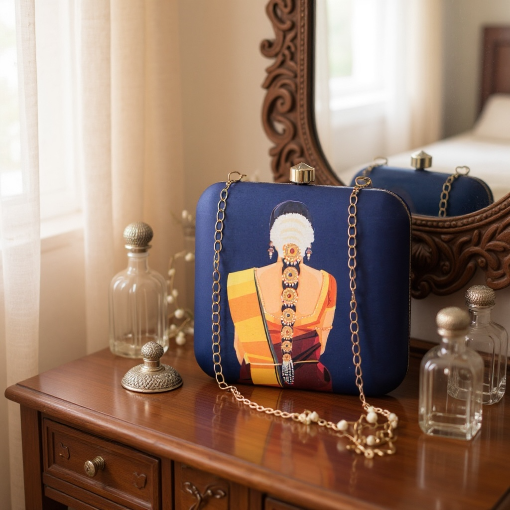 Lady in Saree with Traditional Hairdo Printed Clutch