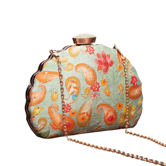 Pastel Green Floral Printed Zari Embroidery D Shaped Clutch