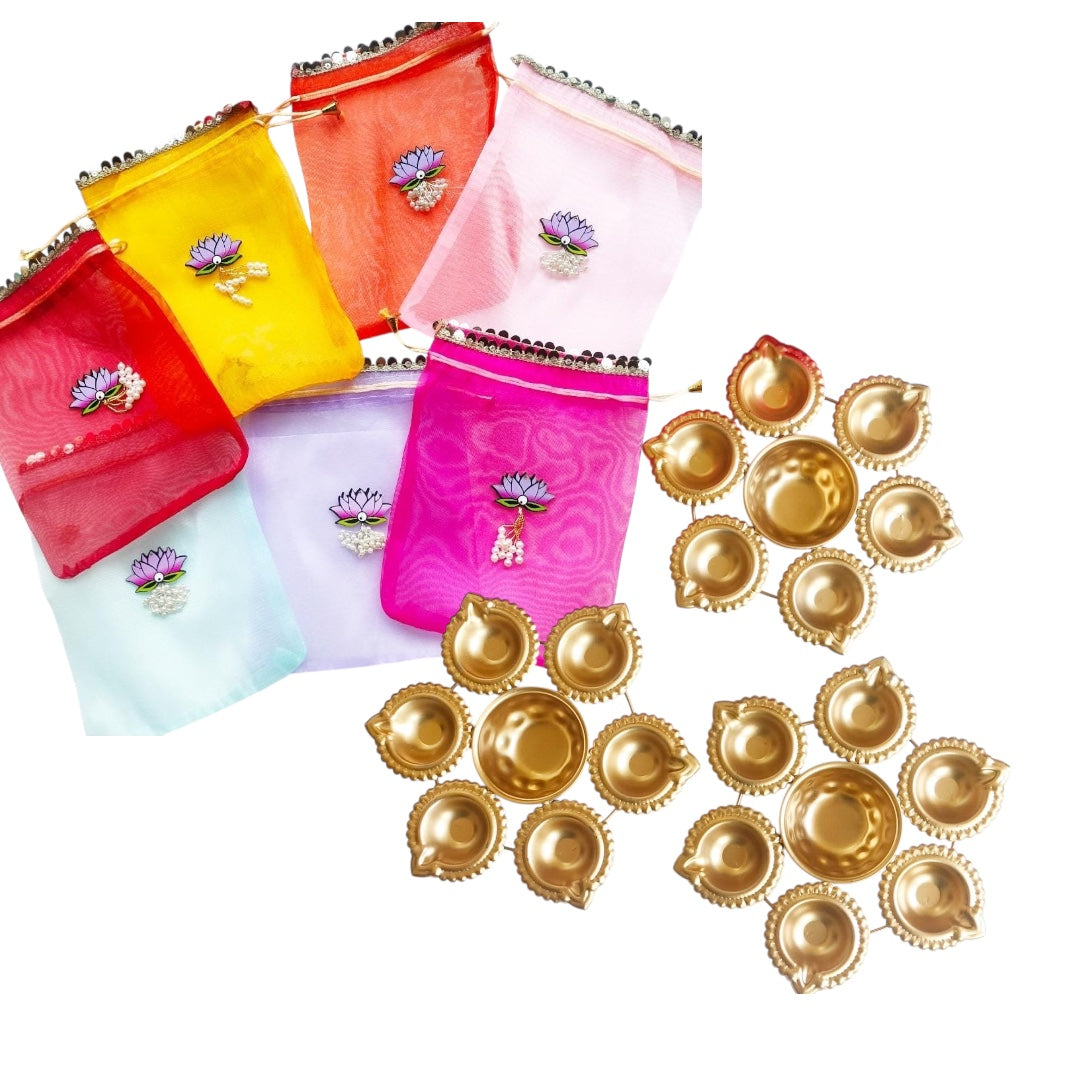 6 Inch Diya Urli with Tissue Potli Combo - Return Gifts for Housewarming, Diwali or Puja