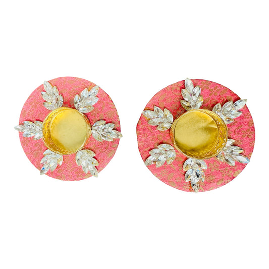 Set of 2 Diya with Kundan or Stone Studded Design on Brocade/ T-Light Holder - Return Gift for Any Indian Celebration - Set of 2