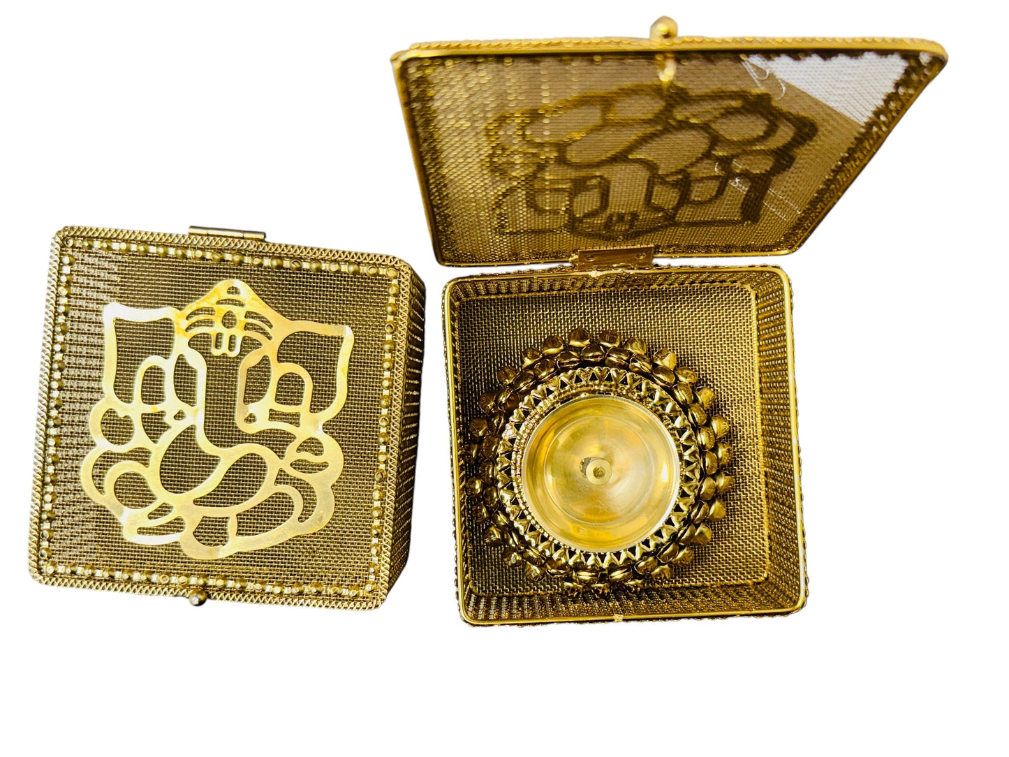 Brass Akhand Diya's with Ghungroo Base in Metal Gift Box with Ganesha Decal