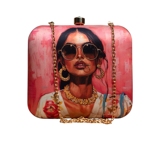 Indian Swag - Clutch with Women Portrait with Heavy Jewelry & Sunglasses
