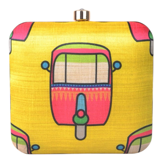 Auto Rickshaw Print Square Clutch with Chain to Carry
