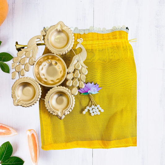 Small Peacock Urli with Tissue Potli Combo - Return Gifts for Housewarming, Diwali or Puja