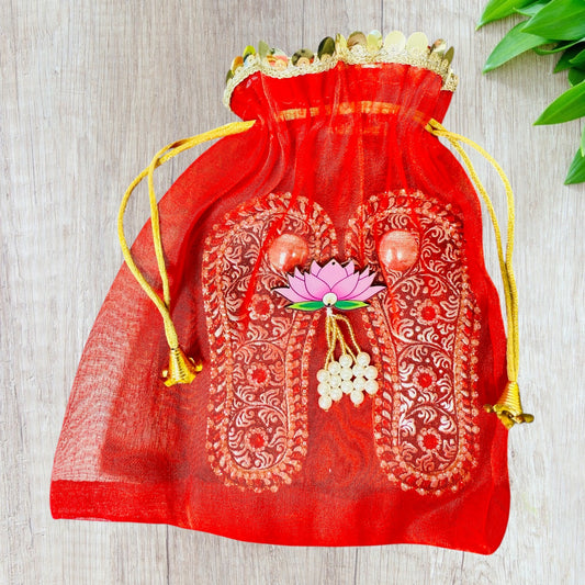 Antique Finish German Silver Laxmi Charan Paduka with Stone Work in Matching Potli