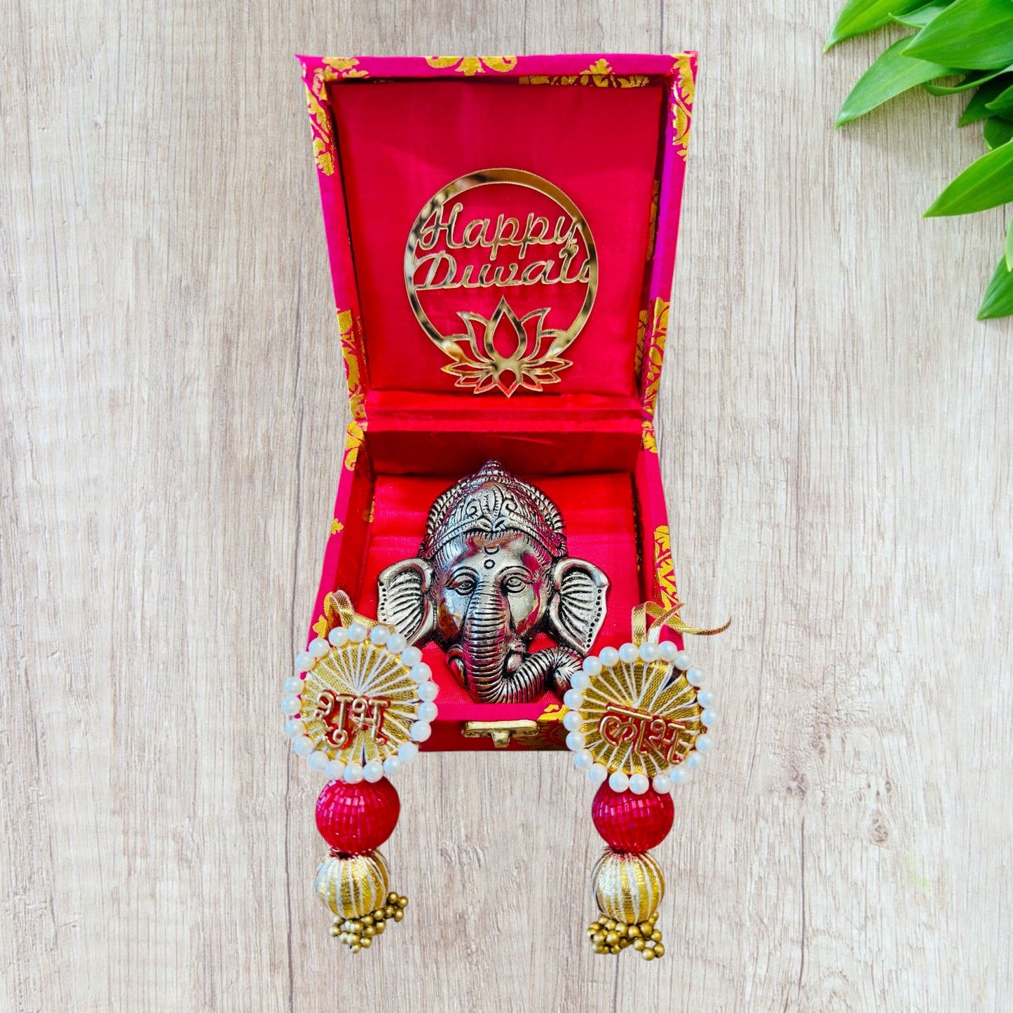 Ready-to-Gift Diwali Combos - German Silver Ganesha Hanging in Gift Box with Happy Diwali Decal