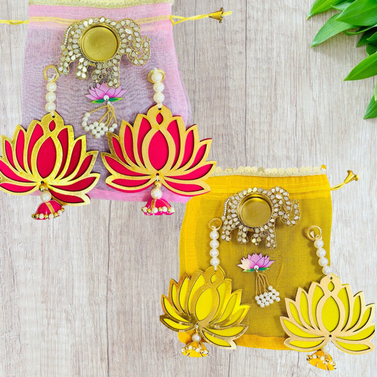 Ready to Gift Combo - Lotus Hangings & Elephant Diya in Organza Potli