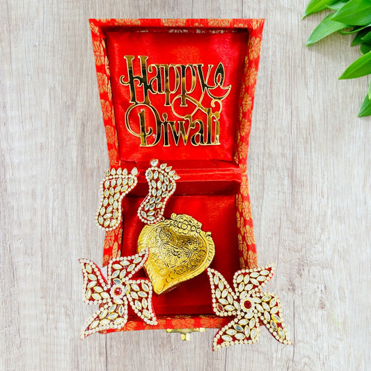 Diwali Gift - Diya with Kundan Laxmi Charan & Swastik in Gift box with Happy Diwali Decal