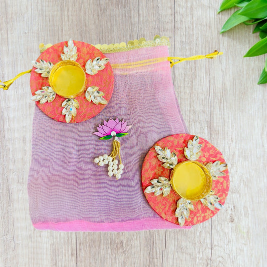 Ready to Gift - Set of 2 Brocade T-light Holders in Organza Potli