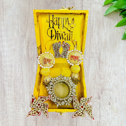 Diwali Gift Combo - Laxmi Charan & Swastiks, Shubh Labh Pair & Diya in Gift Box