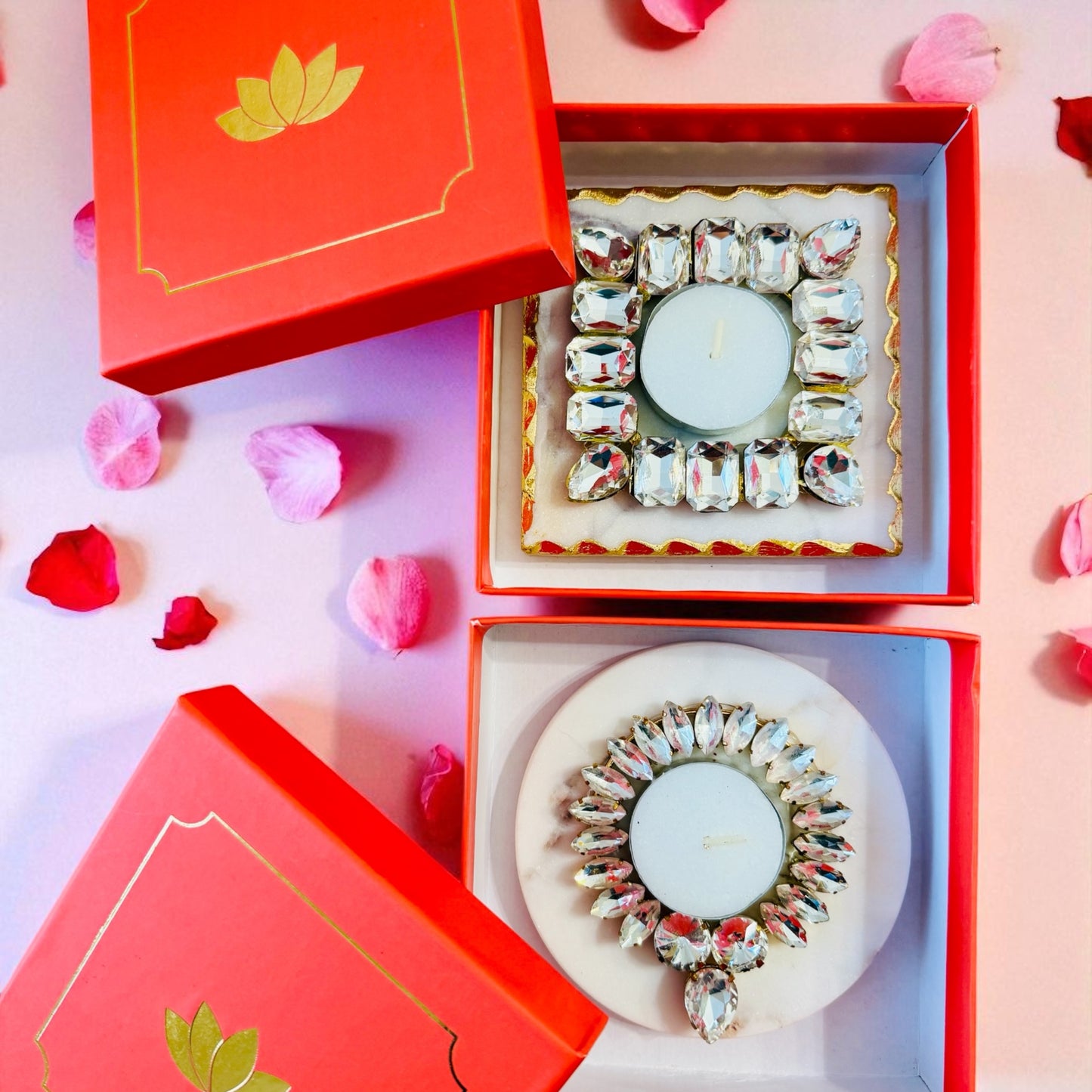 Kundan T Light Holder with Box Base Marble - Housewarming/Host Gift /Diwali Gift