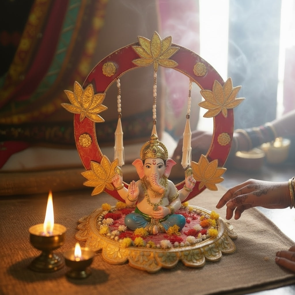 Ganpati Singhasan with Backdrop - Reusable Decoration for Ganesha Chaturthi/Ganpati Festival