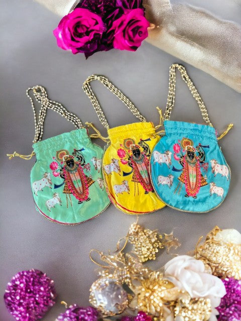 Pichwai Potli Bags with Krishna, Set of 3