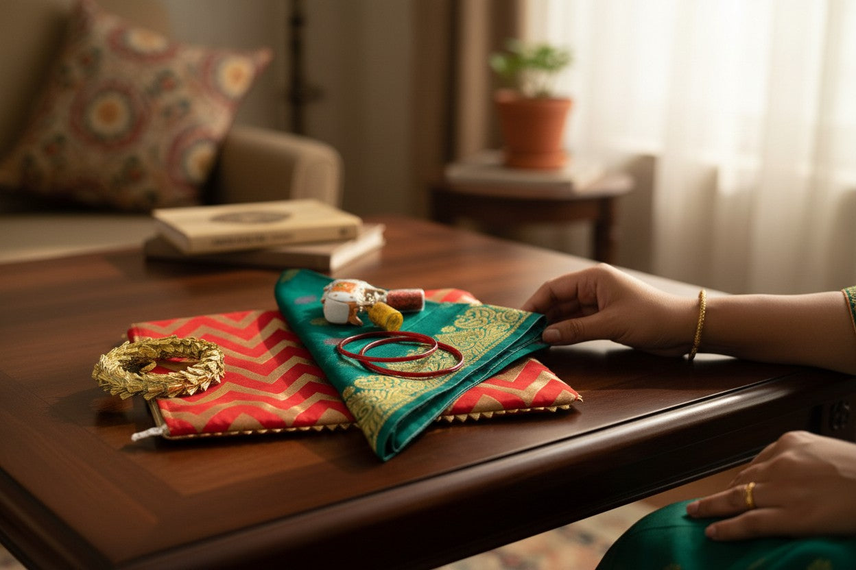 Traditional Ready to Give Combo for Half Saree, Haldi Kumkum ceremony includes Blouse Piece, Bangles, Haldi kumkum packets in Chevron Bag