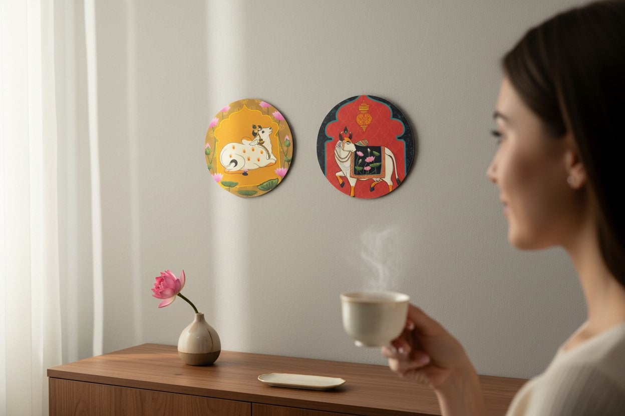 Set of 2 - Small Round Shape Wooden Wall Hanging Decor | Handcrafted Art | Mdf| Paintings | Sinary | Gifts | Sceneries For Wall | Unique Gift