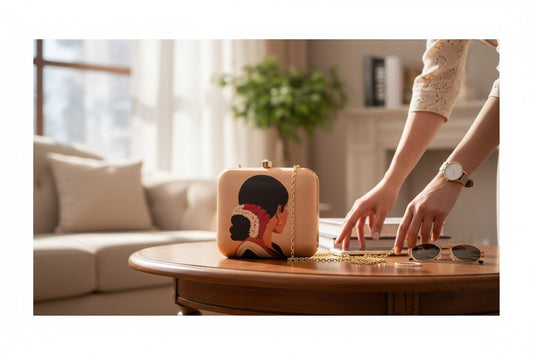 Elegant Clutch with Women Portrait Wearing white Jasmin Gajra Bun & Roses