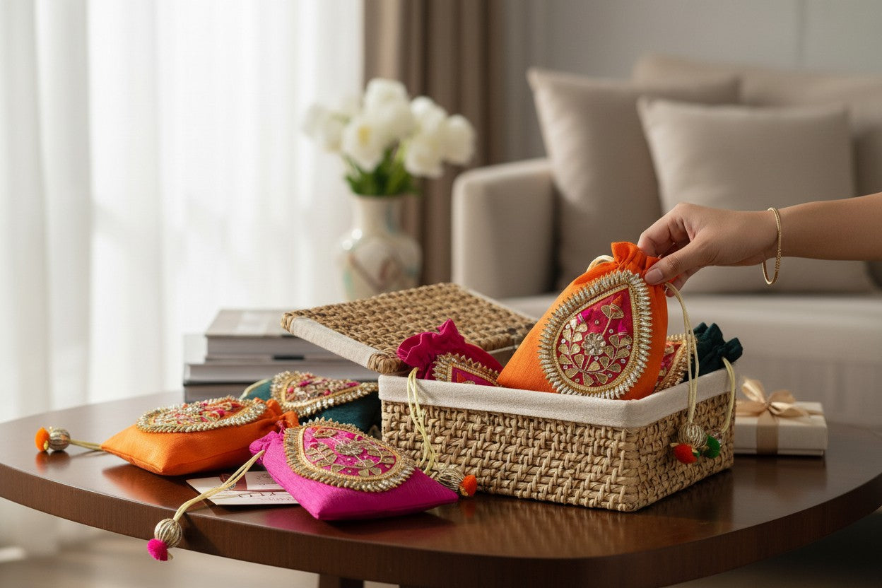 Small Gota Potlis with Gota Ball String to Pack Gifts in Style - 5x7