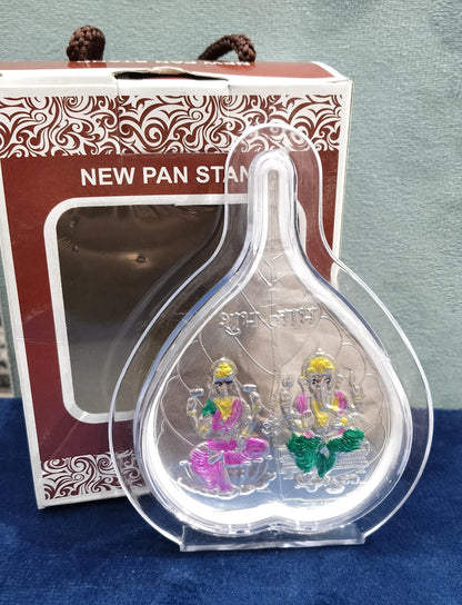 999 Pure Silver Foil Betel Leaf or Paan Frame with Colored Laxmi Ganesha Design