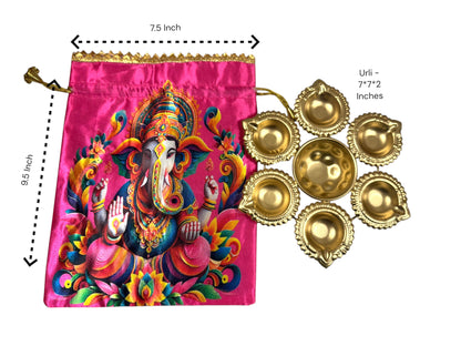 Urli with Ganesha Bags Combo - Return Gifts for Housewarming, Diwali or Puja - Set of 5