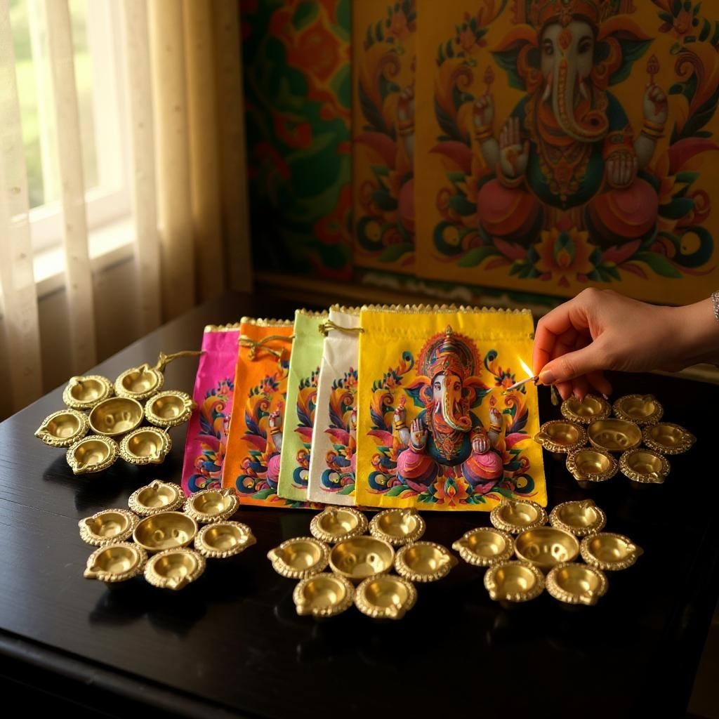 Urli with Ganesha Bags Combo - Return Gifts for Housewarming, Diwali or Puja - Set of 5