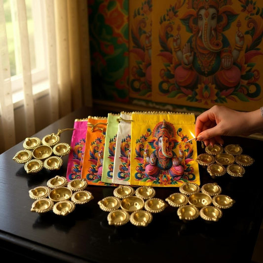Urli with Ganesha Bags Combo - Return Gifts for Housewarming, Diwali or Puja - Set of 5